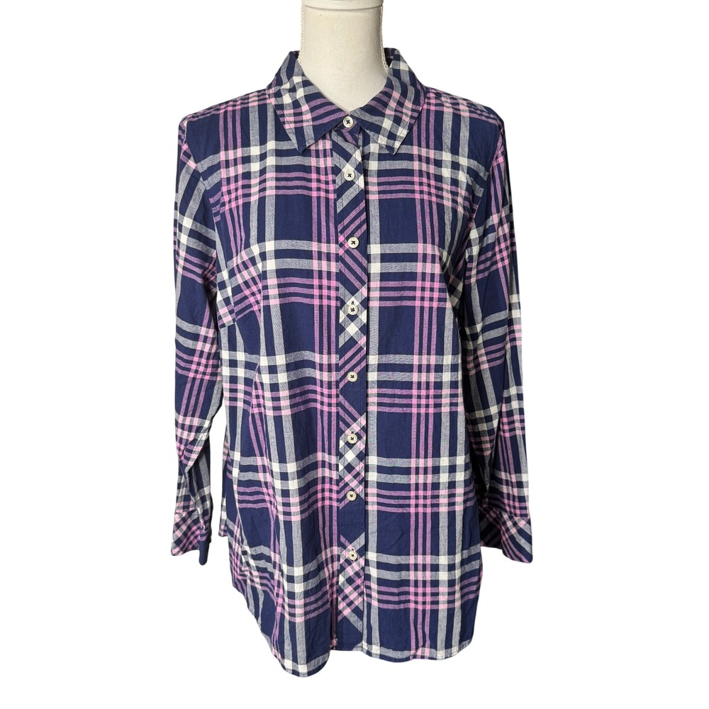 Talbots Woman Navy Blue Pink Plaid 100% Cotton Button Down Shirt Size 1X Classic